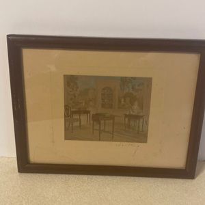 Antique Wallace Nutting signed hand colored interior photo in original frame